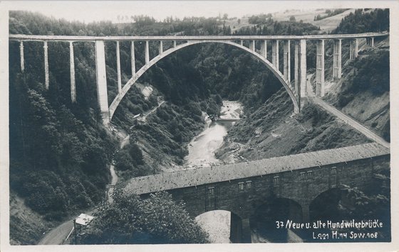 Neue und alte Hunderwilertobelbrücke. Postkarte von 1926. Zur Ausstellung "Brücken und Strassen - Quer durchs Land" im Museum Herisau (ab Juni)